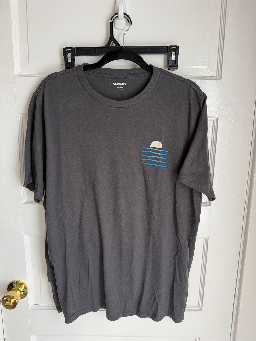 Old Navy Men's Charcoal Tee with Blue and Cream Pocket Graphic